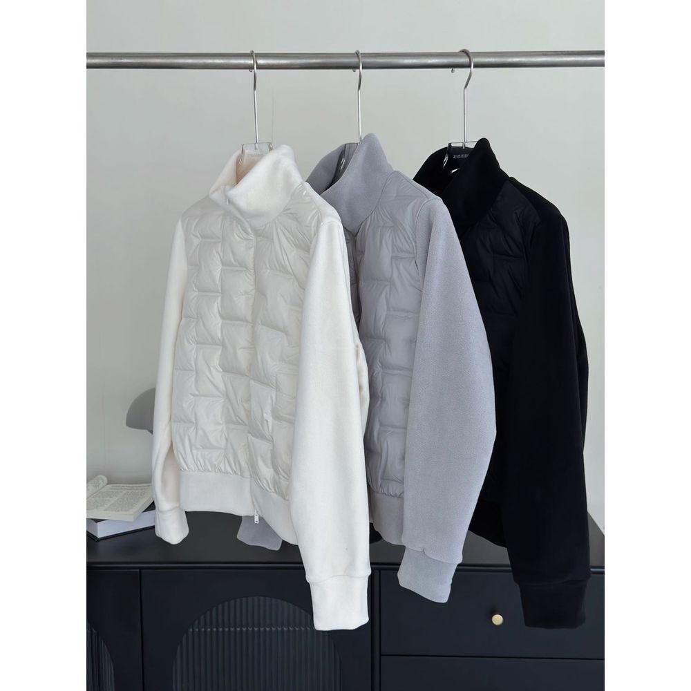 Women's Casual Stitching Fleece Stand Collar Double Zipper Light Down Jacket