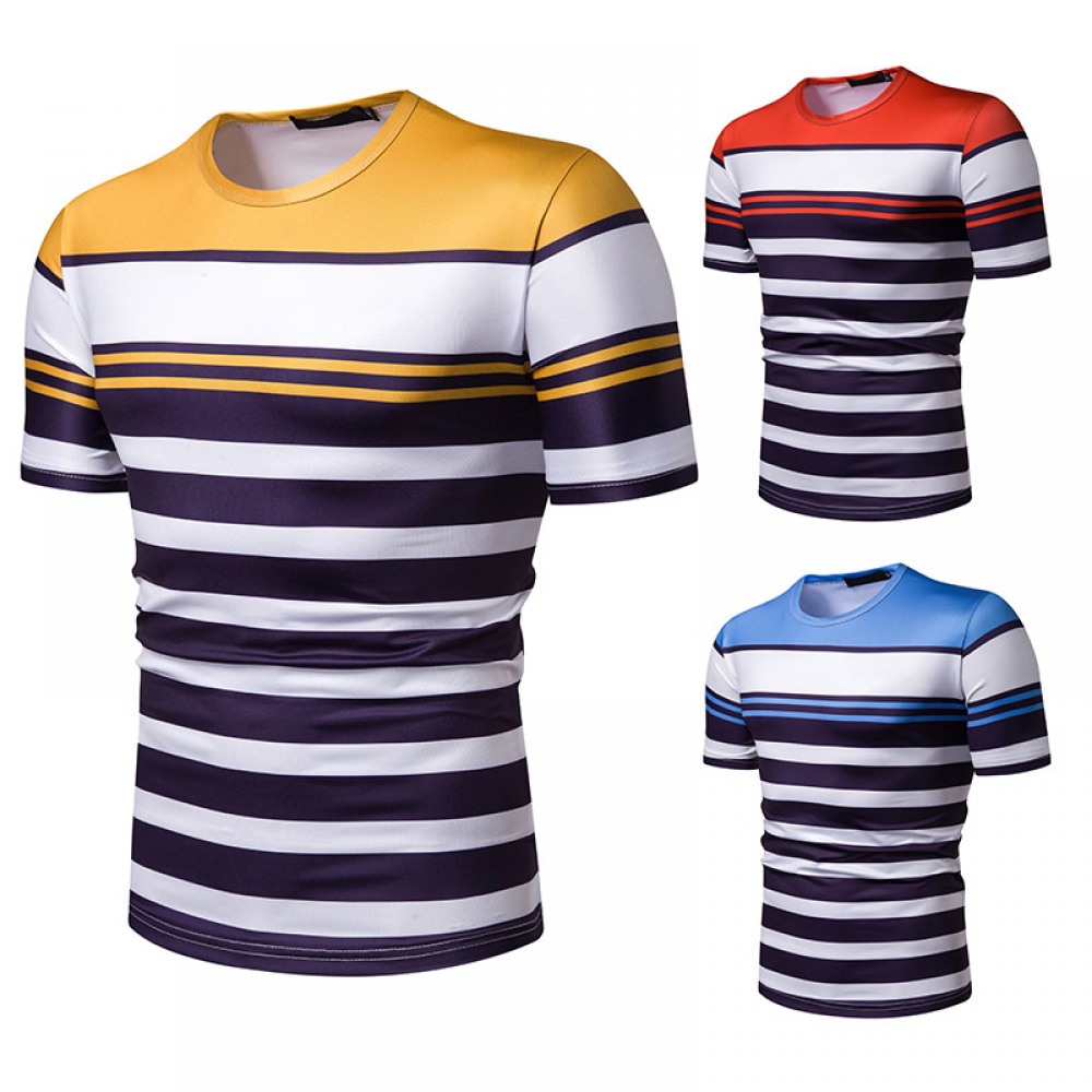New Summer Men's Short-Sleeved T-Shirt Contrast Striped Slim Casual T-Shirt