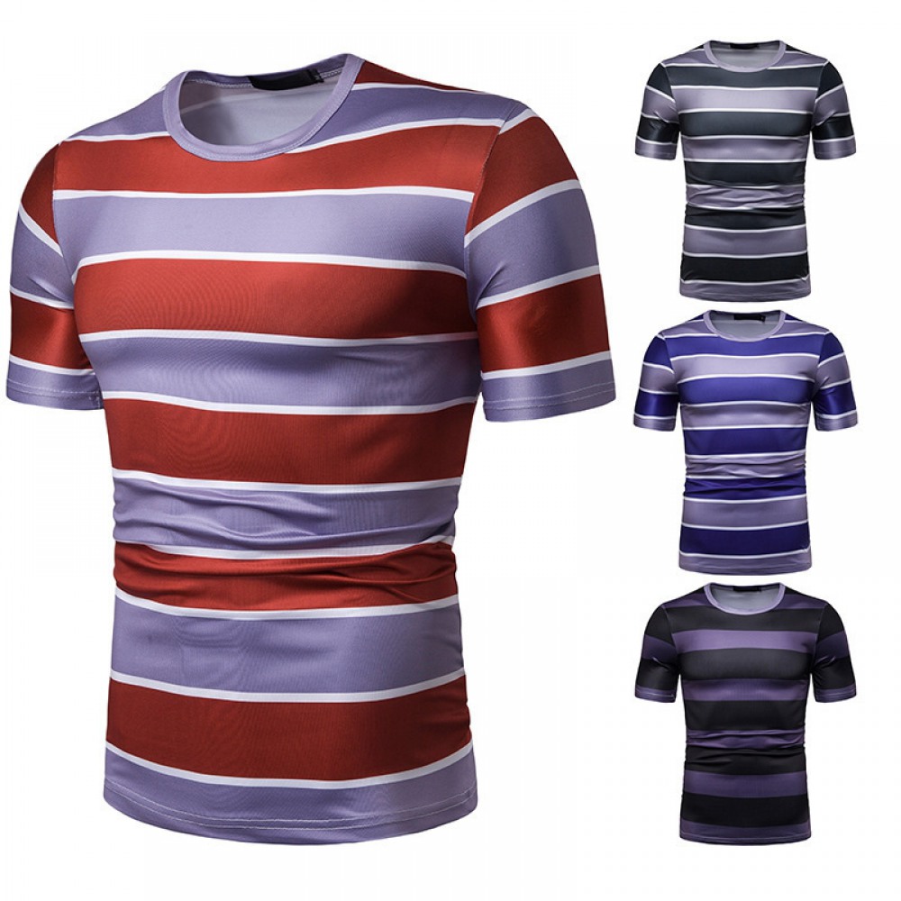 New Summer Men's Short-Sleeved T-Shirt Contrast Striped Slim Casual T-Shirt