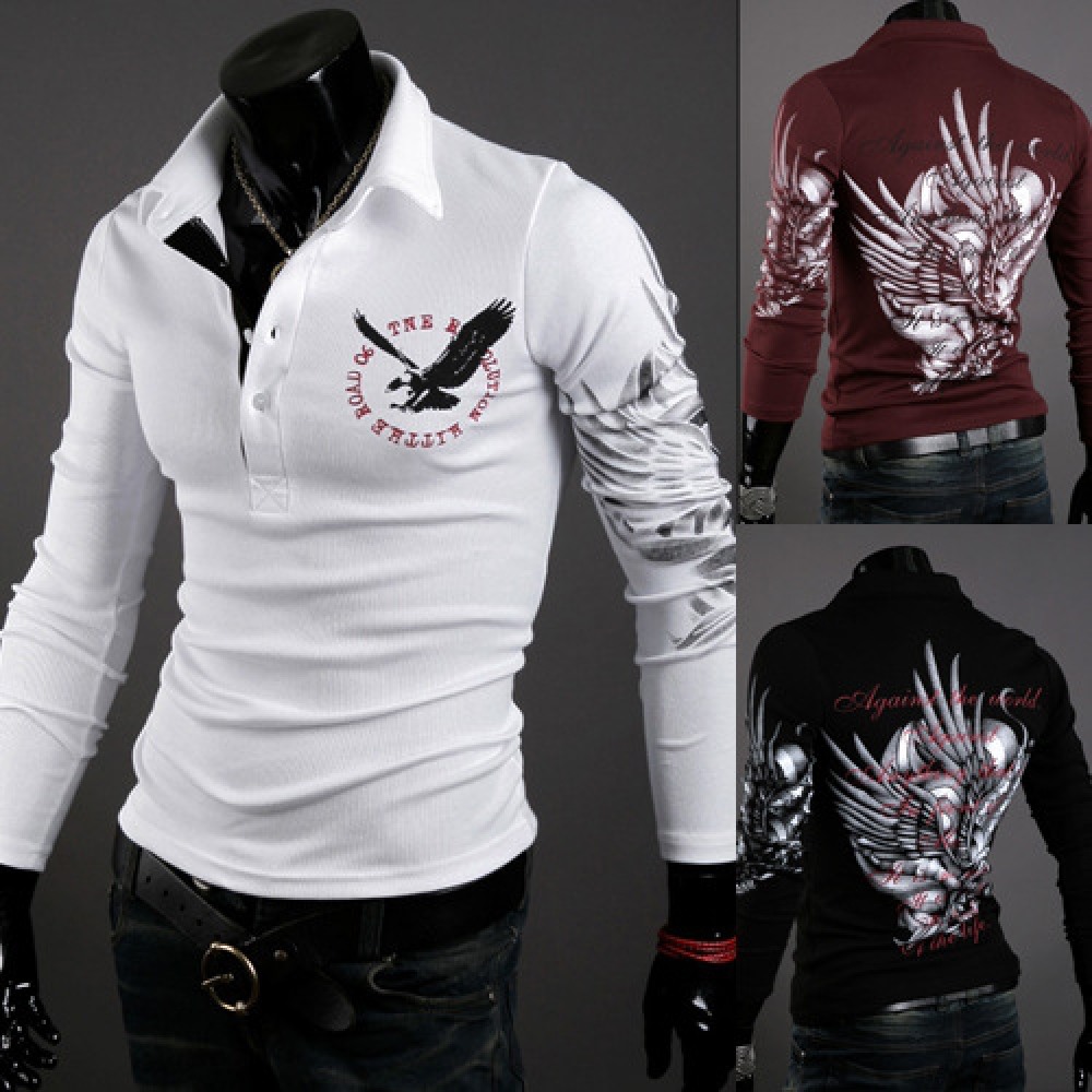 Eagle Tattoo Printing Men's Long-Sleeved Lapel T-Shirt
